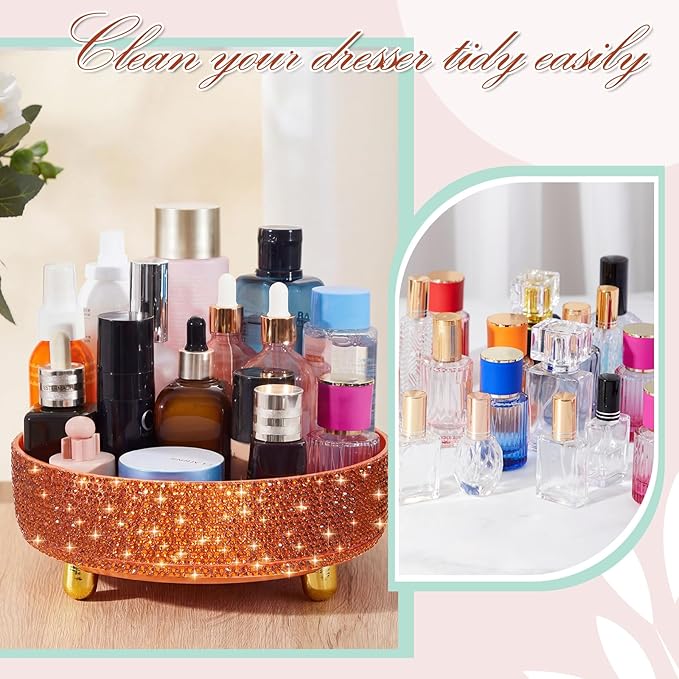 Honeydak Orange Bling Perfume Makeup Organizer Bling Mother's Day Nurses Day Gifts for Women Bathroom Organizers and Storage 360 Rotating Makeup Organizer for Countertop(Resin Stone)