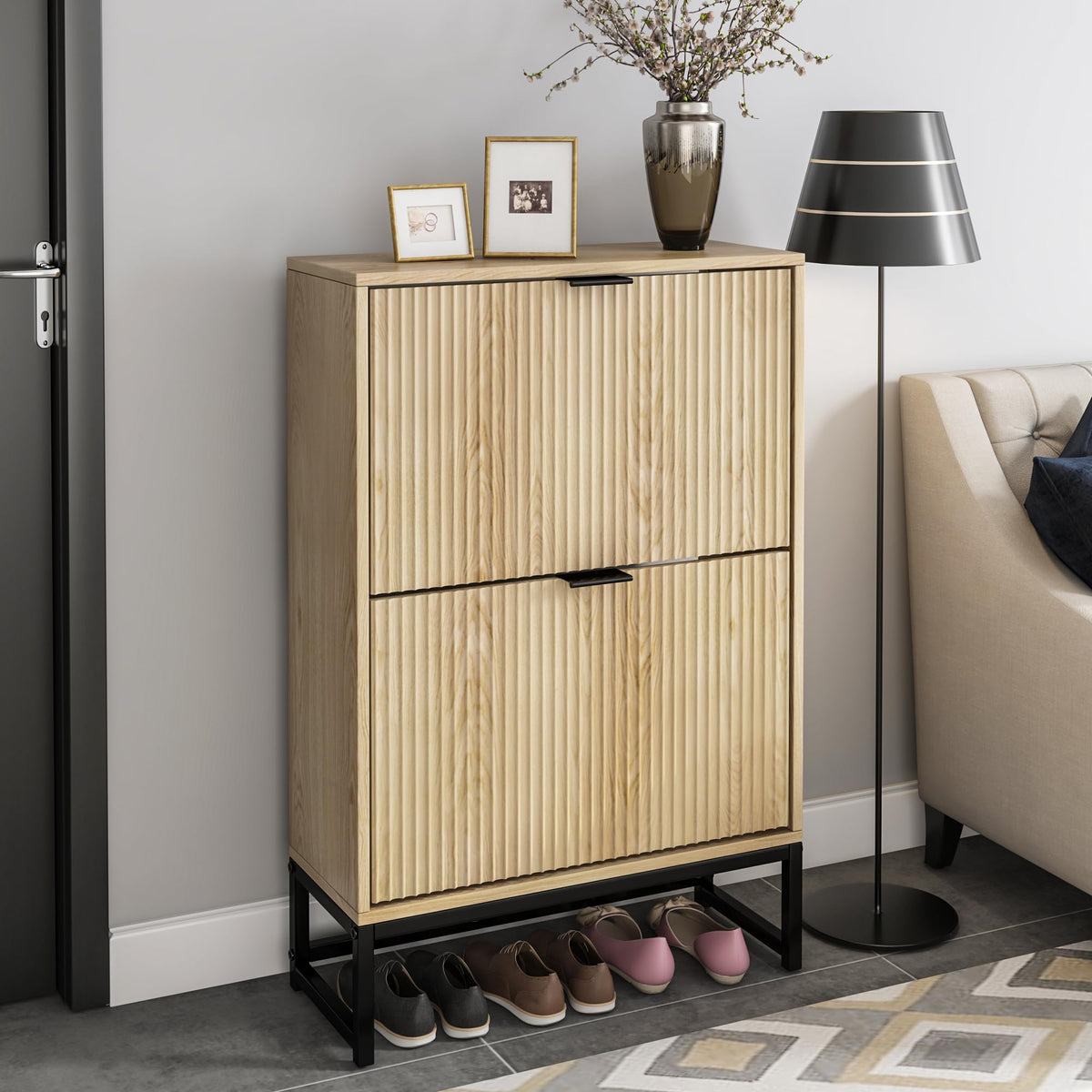 Shoe Storage Cabinet with 2 Flip Drawers Modern Fluted Shoe Rack - Image 1