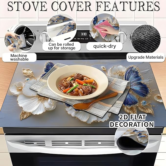 Stove Top Covers for Electric Stove, Grease-Resistant Stove Cover, Dust-Blocking Surface Shield, Reusable Countertop Mat, 28.3 x 20.5 Inches, Blue Butterfly Floral Decor(Butterfly)