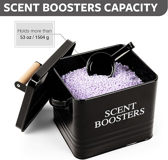 Calindiana Modern Farmhouse Metal Laundry Scent Booster Beads Dispenser Container with Scoop for Laundry Room Decor and Accessories and Space Saving Laundry Room Organization and Storage, Black