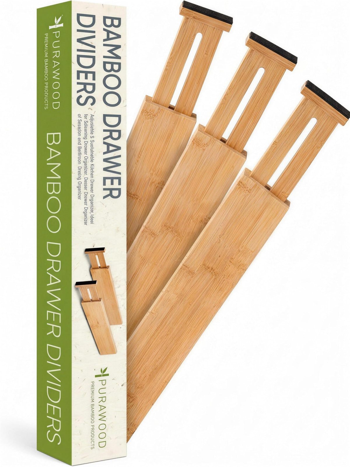 Purawood Bamboo Drawer Dividers, Adjustable Spring-Loaded - Image 1