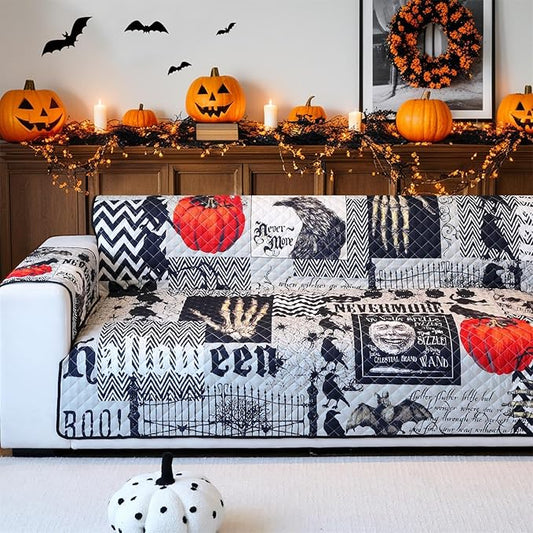 Cmfshape Halloween Skidproof Sofa Cover-Festival Sofa Slipcover with Elastic Straps-Easy Fit Slip Cover-Patchwork Washable Furniture Protector for Pets and Kids(Loveseat,Black)