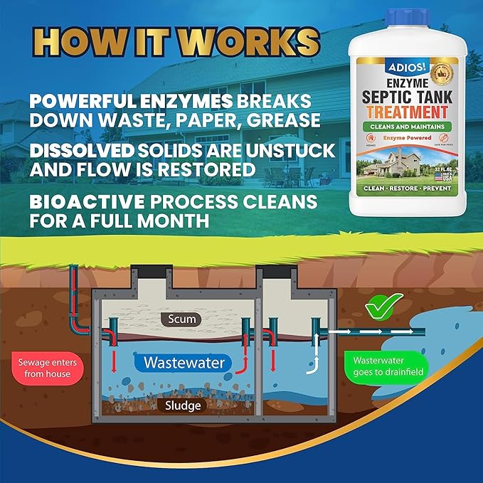 Enzyme Septic Tank Treatment, Natural Drain Safe Cleaner for Septics, Pipes and Drain Fields - Quart (32 oz)