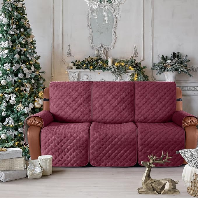 Ruaozz Waterproof Recliner Sofa Covers, 1-Piece Couch Covers for Reclining Couches Reclining Couch Cover Washable Furniture Protector with Elastic Straps Pocket for Kids Pets (Wine, 3 Seater)