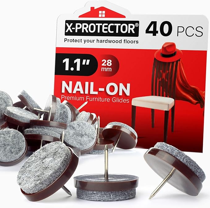 Nail-on Felt Pads X-PROTECTOR 40 PCS - 1.1" Felt Chair Pads - Floor Protectors for Furniture Legs - Best Furniture Sliders for Hardwood Floors (28mm)!