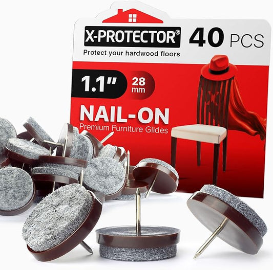 Nail-on Felt Pads X-PROTECTOR 40 PCS - 1.1" Felt Chair Pads - Floor Protectors for Furniture Legs - Best Furniture Sliders for Hardwood Floors (28mm)!