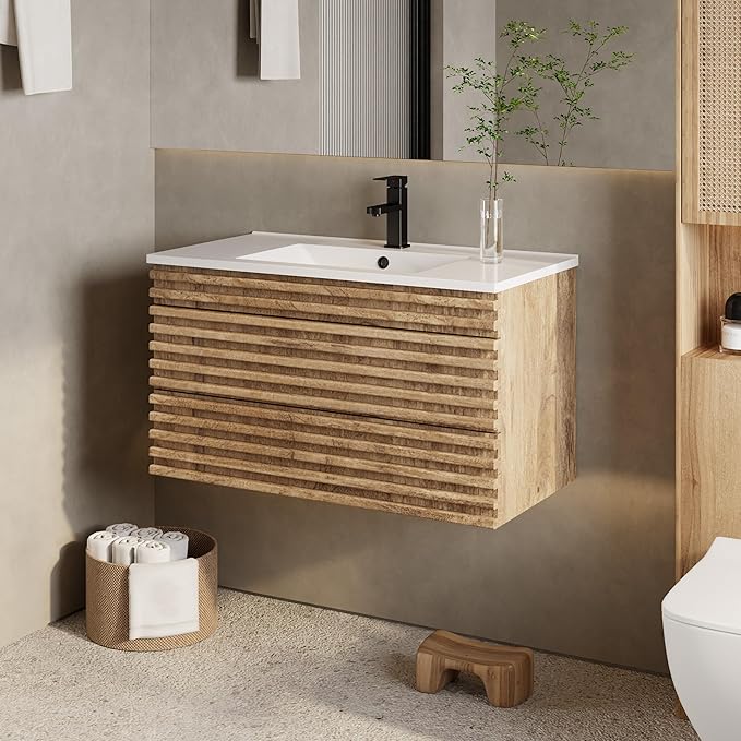 eclife 36" Floating Bathroom Vanity with Sink Combo Mid-Century Wall Mounted Cabinet with Wood Stripes Decor, Drawers, Undermount Sink, Faucet, Drain, Light Walnut