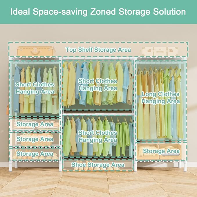 SEMHOR E06 Expandable Heavy Duty Clothes Rack for Reach-in Closet, Large Freestanding Clothing Racks with Shelves, Carbon Steel Closet System Adjustable from 70.8-93.9", Max Load 800LBS, White