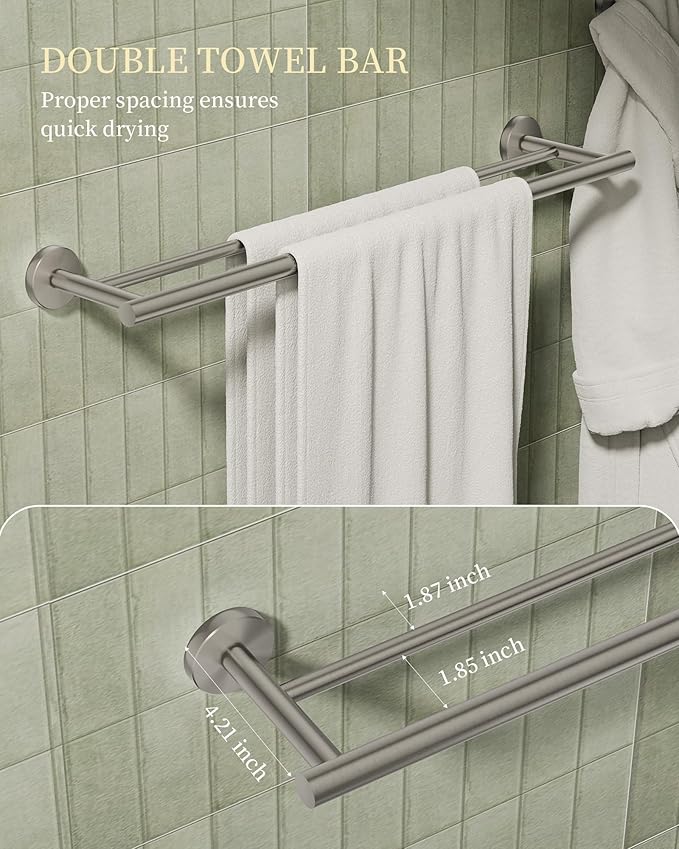 Bathroom Hardware Accessories Set 5 Pieces Brushed Nickel 24" SUS 304 Stainless Steel Bath Double Towel Holder Bar Set Towel Rack Combination Wall Mounted for Kitchen, Laundry, Bedroom