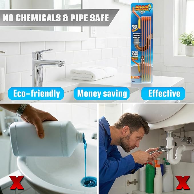 FlexiSnake Drain Weasel Sink Snake Hair Clog Remover Tool, Pipe, Bathroom, Bathtub Cleaner, 18-inch, Made in the USA, 5 Wands and Removable Handle