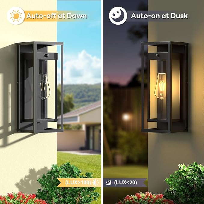 15in Dusk to Dawn Outdoor Wall Sconce-Black Modern Exterior Lighting Fixture Waterproof Porch Lights Large Outside Lantern Wall Mounted for Coach Doorway Patio E26 Base