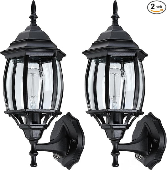 2 Pack Black Dusk to Dawn Outdoor Wall Lights - 16.8 Inch Garage Side Light for House Outside Dusk to Dawn Wall Lantern, Black Vintage Porch Sconce Light for Front Door,Entrance,Balcony,E26