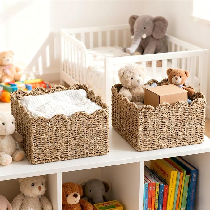 Scalloped Basket, Wicker Storage Baskets, Hand Woven Baskets for Shelves,Natural Baskets for Organizing (Seagrass(S-9.5" L x 9.5" W x 5.5" H))