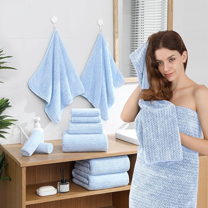 Ycosy 18 Piece Bath Towels Set,100% Microfiber Family Bathroom Towel with Hanging Loops-6 Bath Towels,6 Hand Towels,6 Washcloths,Quick Dry Highly Absorbent Shower Towel for Bathroom,Hotel,Spa-Blue
