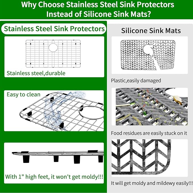 Stainless Steel Sink Protector 27-9/16" x 14-9/16" with Rear Drain, Metal Sink Rack for Bottom of Sink, Kitchen Sink Grate and Sink Protectors with Sink Strainer (27-9/16" x 14-9/16" - Rear Drain)