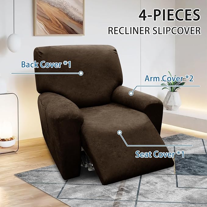 Chair Covers 4-Pieces Recliner Chair Covers 1 Seater Cover for Recliner Chair Leather Look Recliner Slipcovers with Pockets Spandex Fabric Furniture Covers(XL Recliner, Coffee)