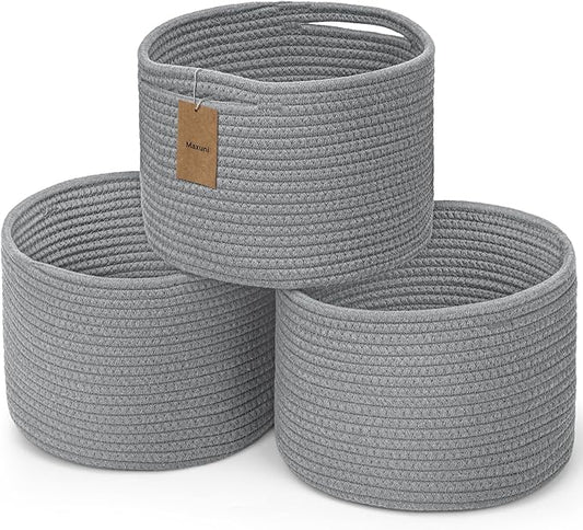 Small Rope Baskets for Storage, Baskets for Gifts Empty, Cute Round Woven Basket, Decorative Shelf Baskets 9.82×9.82×7.1", Cotton Toy Basket Storage Bins for Organizer 3 Packs-Grey