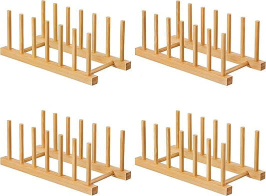 HBlife 4pcs Bamboo Dish Plate Bowl Cup Book Pot Lid Cutting Board Drying Rack Stand Drainer Storage Holder Organizer Kitchen Cabinet（Keep Dry）