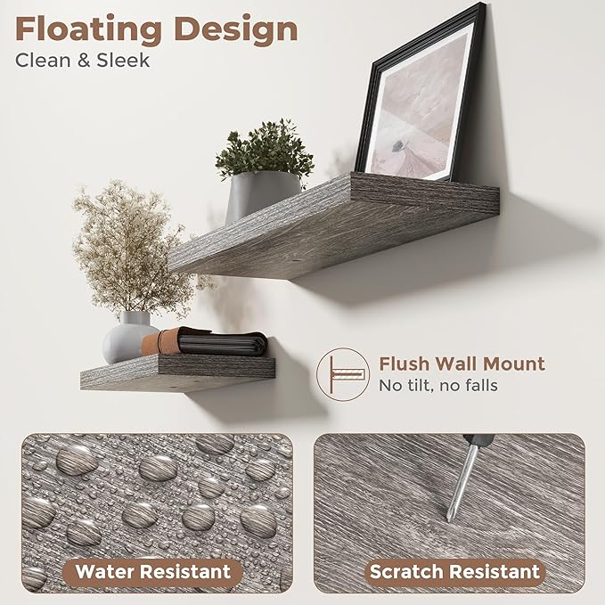16 Inch Floating Shelves for Wall Set of 2, 8"D Wood Grain Bathroom Shelves with Invisible Brackets, Easy Install Engineered Wood Storage Shelves for Kitchen, Living Room, Bedroom, Grey Oak Finish