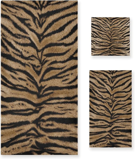 3 Piece Tiger Skin Print Bath Towel Set,Microfiber Absorbent Brown Black Striped Animal Tiger Decorative Bathroom Towels,1 Bath Towel 1 Hand Towel for Bathroom Kitchen,1 Washcloth for Face
