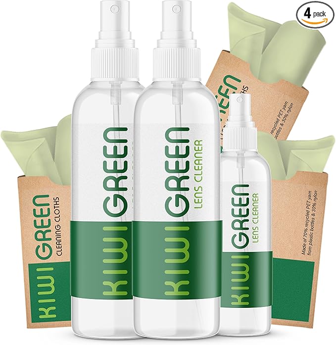 Kiwi Green Eyeglass Lens Cleaner Spray Kit | 3X Lens Cleaner + 3X Microfiber Cloth | Alcohol Free Eyeglasses, Screen Cleaning Kit | USA Made (6 Piece Set)