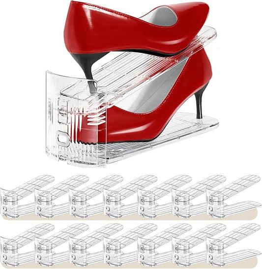 Shoe Slots Organizer 15 Pack - Shoe Stackers,3 Levels Adjustable,Space Savers 50%,Double Layer Holders for Closet (Transparent),Organizador de Zapatos