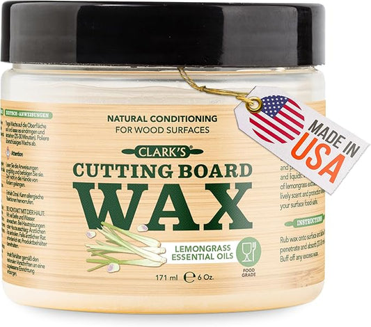 CLARK'S Cutting Board Wax - 2-in-1 Wood Butter & Food Grade Mineral Oil with Beeswax – Butcher Block Conditioner for Charcuterie & Cutting Boards – Lemongrass Essential Oil Scent – Made in USA, 6oz