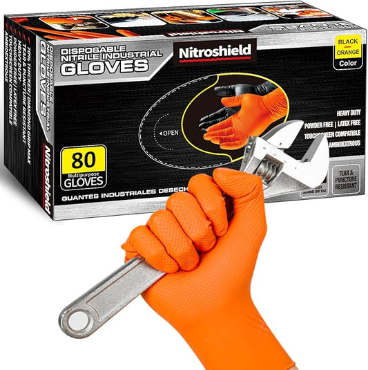 wcy 9 Mil Heavy Duty Orange Nitrile Gloves,Raised Diamond Texture Grip,Industrial Mechanic Rubber Gloves Disposable Latex Free Chemical Resistant Guantes for Work,Cooking,Food Safe - Large,80Count