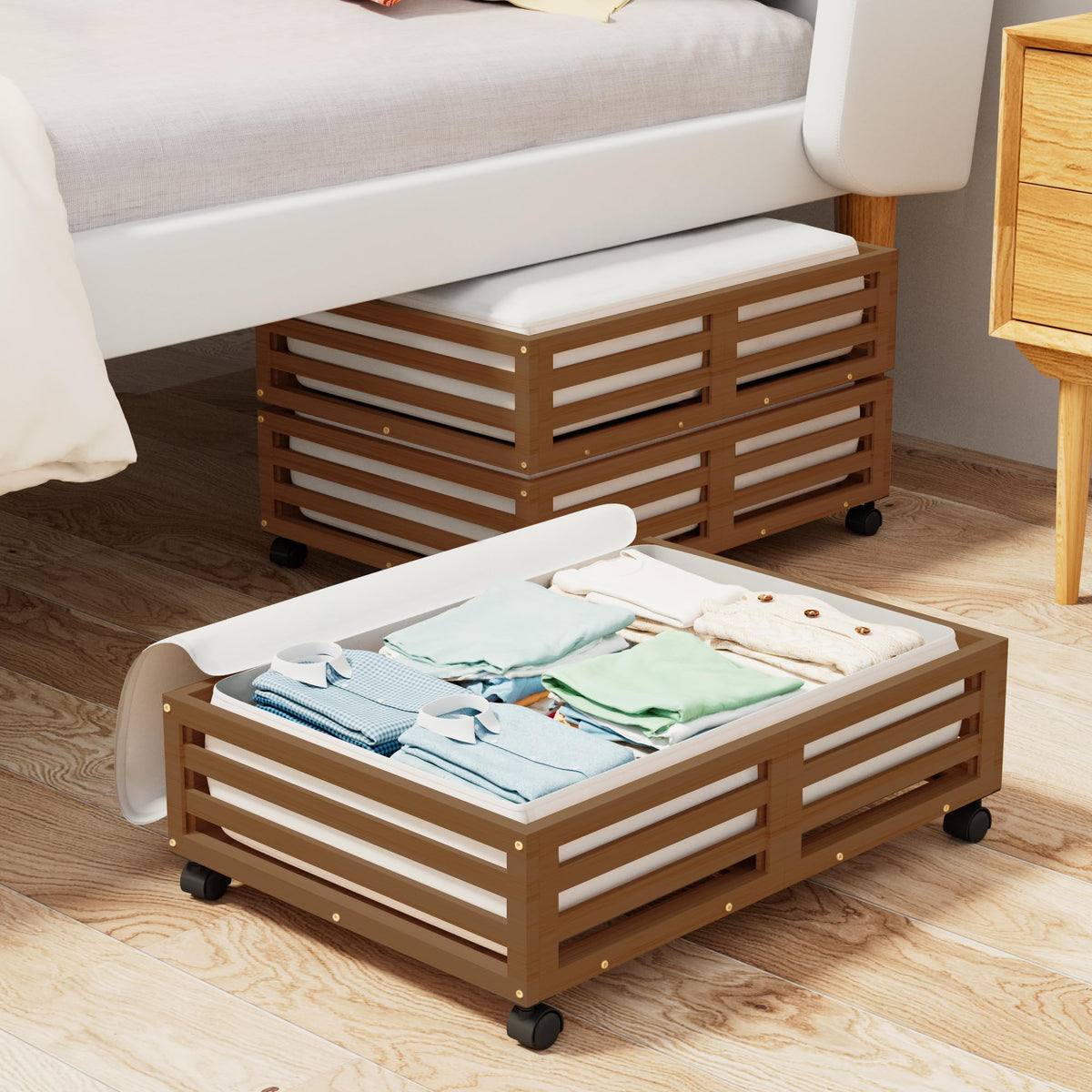 Bamboo Under Bed Storage with Wheels Rolling Underbed - Image 1