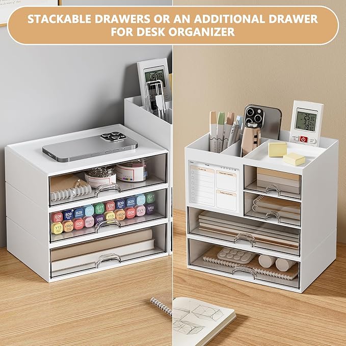 Desk Organizer Drawer, Clear Plastic Desk Storage Box, Desktop Organization for Office Supplies, Gel Pens, Pencils, Markers, Tape, Erasers, Paperclips, Chargers (White)