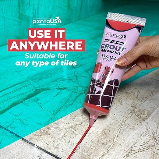 Tile Grout Repair Kit - Red - Premixed Acrylic Sanded Grout, Waterproof Formula, Bathroom & Shower Grout Repair, with Plastic Applicator, 13.4 oz / 380 g / 0.84 lb