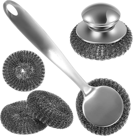Steel Wool Scrubber Dish Brush with Handle, Detachable Stainless Steel Scrubber, Ergonomic Handle Stainless Steel Wool Scrubber, Reusable Stainless Steel Dish Scrubber for Cleaning Dishes (5pcs)