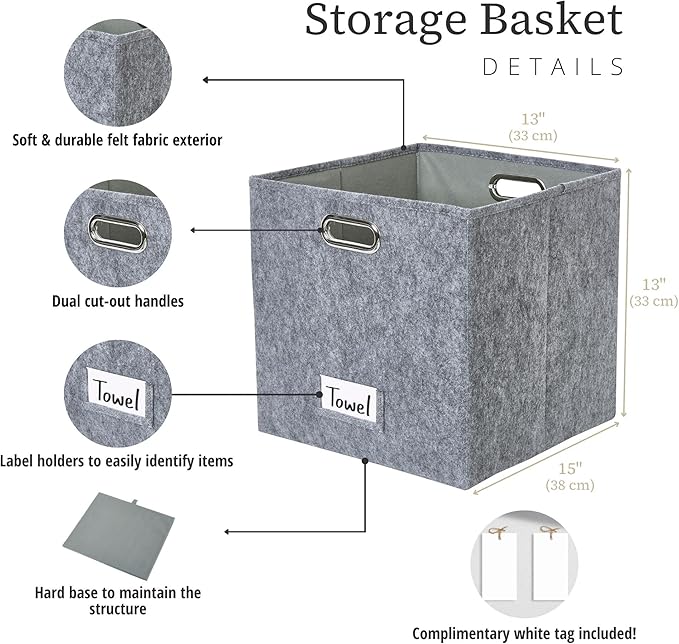 DECOMOMO Felt Storage Bins 13x15x13 Storage Cube Bins with Labels, Baskets for Organizing Shelves (Kallax / 3pcs, Dark Grey)