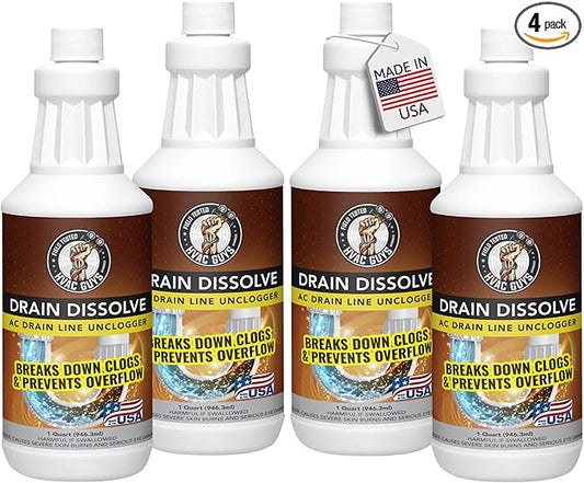 Drain Dissolve 4PK = 1 Gallon | AC Drain Line Cleaner & Unclogger | Heat Generating Alkaline Formula | Prevents Overflow | Clears Hair, Grease, Gunk - 4PK of 32oz
