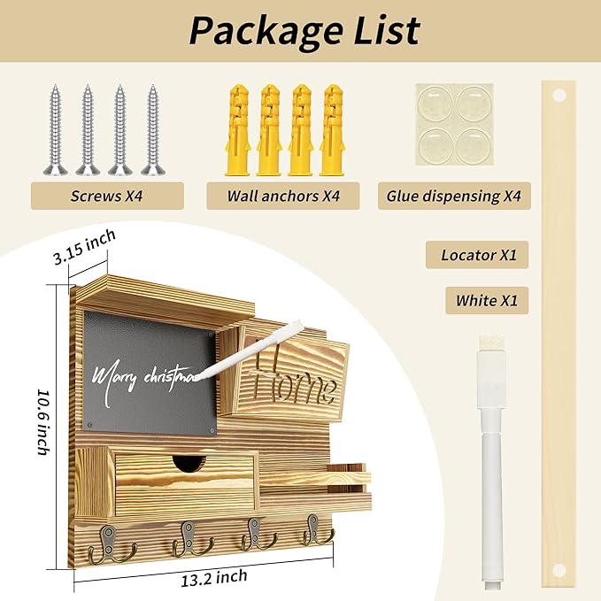 Farmhouse Key Holder for Wall with Mail Organizer - Easy Installation Wall Mount Organizer, Includes Chalkboard, Drawer, Wallet Holder & 4 Double Hooks, Ideal for Entryway, Quick Access - Light Brown