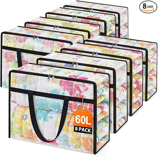 Clear Under Bed Storage Containers - 8 Pack Large Capacity Clothes Storage Bags with Lid & Sturdy Handles, Foldable Moving Bags, Clothing Organizer Totes for Bedding, Comforter, Sheet（60 L）