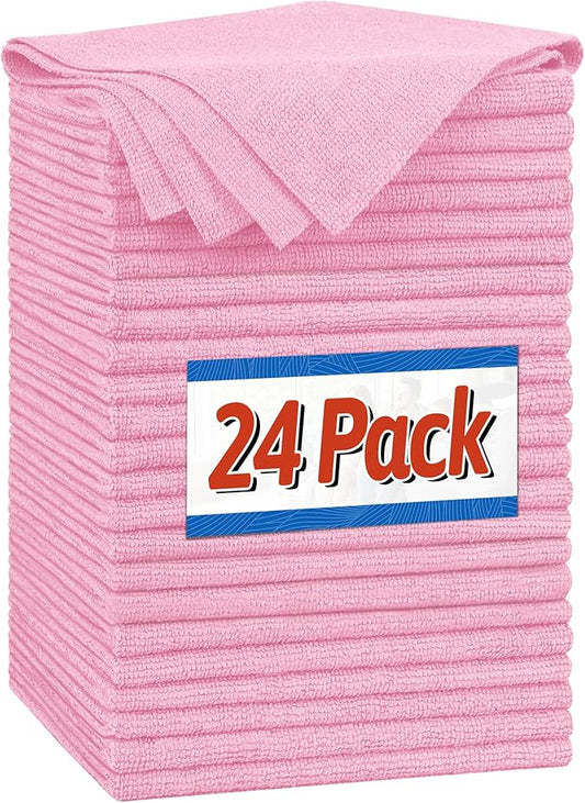 FIXSMITH Microfiber Cleaning Cloth, Shop Towels Bulk, 24 Pack Pink Microfiber Towels for Cars, All-Purpose Absorbent Cleaning Rags, Dust Cloth for Automotive, Mechanic, Garage, Bar, 12 x 11 inch
