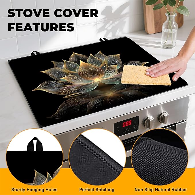 Stove Top Cover for Home Decoration Kitchen Pad Washable Cooktop Covers Countertop Stove Protector Mat for Home Kitchen Cooktops (lotus, 28"x20")