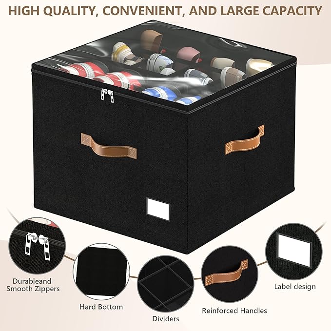 Shoe Organizer for Closet,2 Pack Shoe Storage Bins Foldable Shoe Storage Box Containers with Clear Cover and Sturdy Handles,Shoe Rack for Closet Storage for Sneakers Heels Slippers (Black)