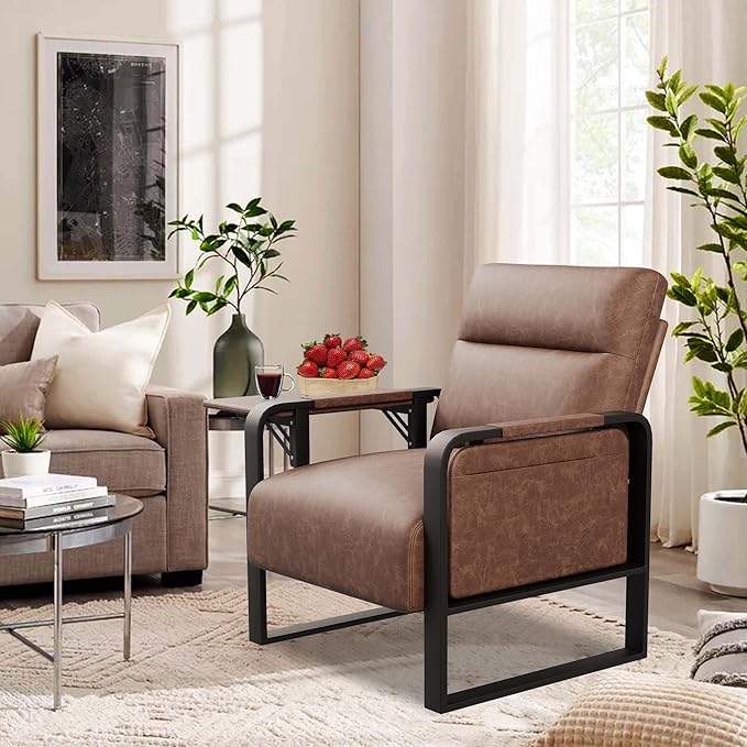 Modern PU Leather Accent Chairs Set of 2 Upholstered Armchairs with Tray Table Leisure Side Chairs for Living Room Bedroom Office Dark Brown