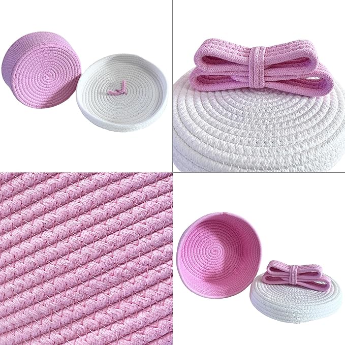 Cute Storage Baskets with Lids, Small Round Woven Rope Basket with Lid, Small Toy Box for Kids, Cat or Dog, Cute Basket for Gift, Toy or Home Decor, Chic Bow Handle (pink)