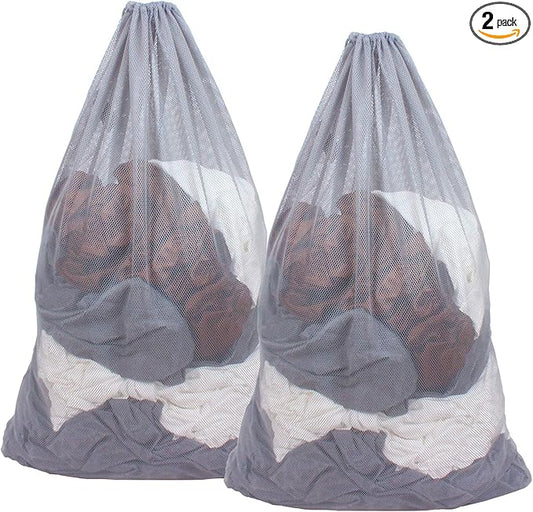 2 Pack Mesh Laundry Bags, 24 x 36 Inches Heavy Duty Drawstring Bag, Factories, College, Dorm, Travel and Apartment Dwellers, Grey