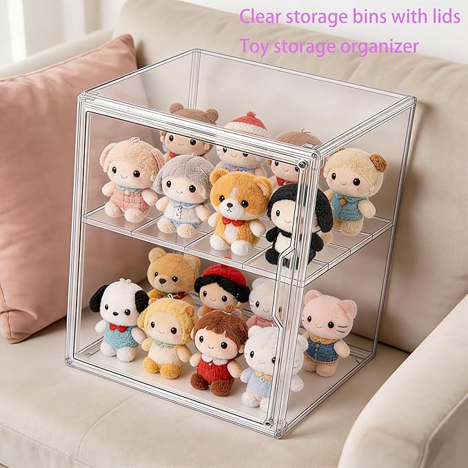 X-Large Clear Acrylic Display Case for Collectibles, Storage Bins/Box with Magnetic Lid and Stackable Design, 3 Adjustable Layers, Display Box for Shoes, Dolls, Purses, Toys, Cosmetics