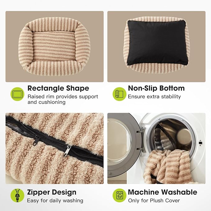 MIXJOY Dog Bed for Medium Small Size Dog, Washable Medium Dogs Bed with Removable Cover, Rectangle Doggy Ded Fluffy Plush Faux Fur Pet Bed with Anti-Slip Bottom, 25"x21"x7", Beige