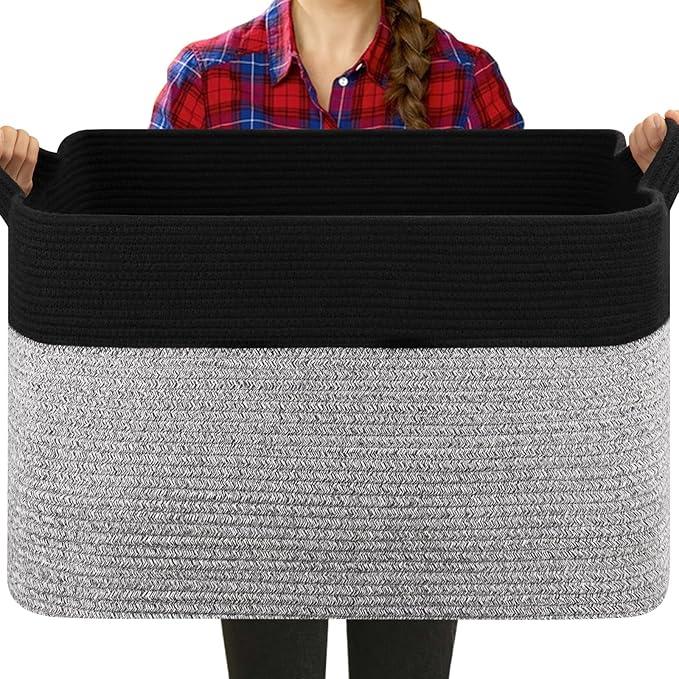 Extra Large Laundry Basket, 95L Blanket Basket for Living Room, Cotton Rope Toy Storage for Kids, Woven Storage for Clothes, Towels, Pillows, 24" x 17" x 14", Pink and White