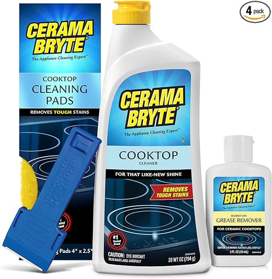 Cerama Bryte Best Value Kit: Ceramic Cooktop Cleaner 28oz, Scraper, 10 Pads, Burnt-on Grease Remover 2oz, 4 Piece Set