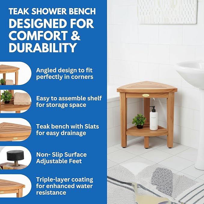 EcoDecors Snazzy Corner Waterproof Teak Wood Shower Bench Stool Seat Chair For Inside Shower Provides Safety, Storage, and Organization For Bathroom Accessories