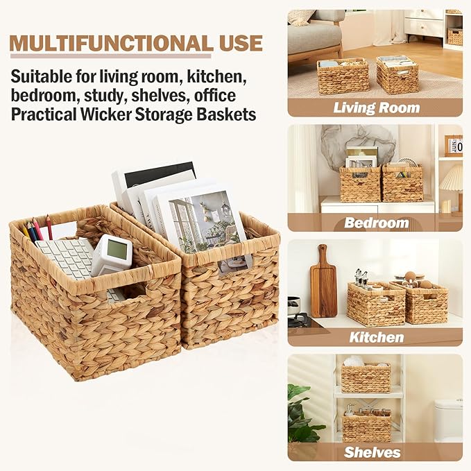 Wicker Storage Basket 2 Pack, Water Hyacinth Storage Baskets with Built-in Handles, Large Wicker Baskets for Storage & Organizing, Natural