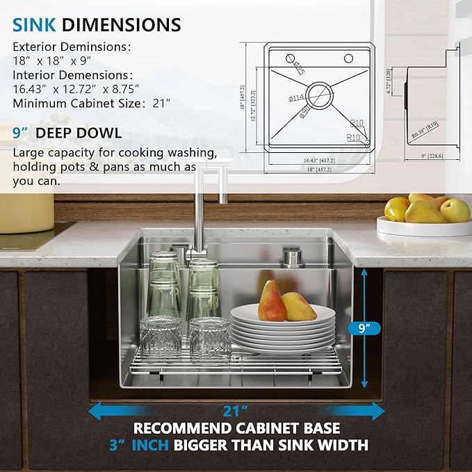18 Inch RV Kitchen Sink - Fulorni 18"x18" Outdoor RV Camper Mobile Wet Bar Prep Sink Undermount 16 Gauge Stainless Steel Single Bowl Basin with Foldable Faucet