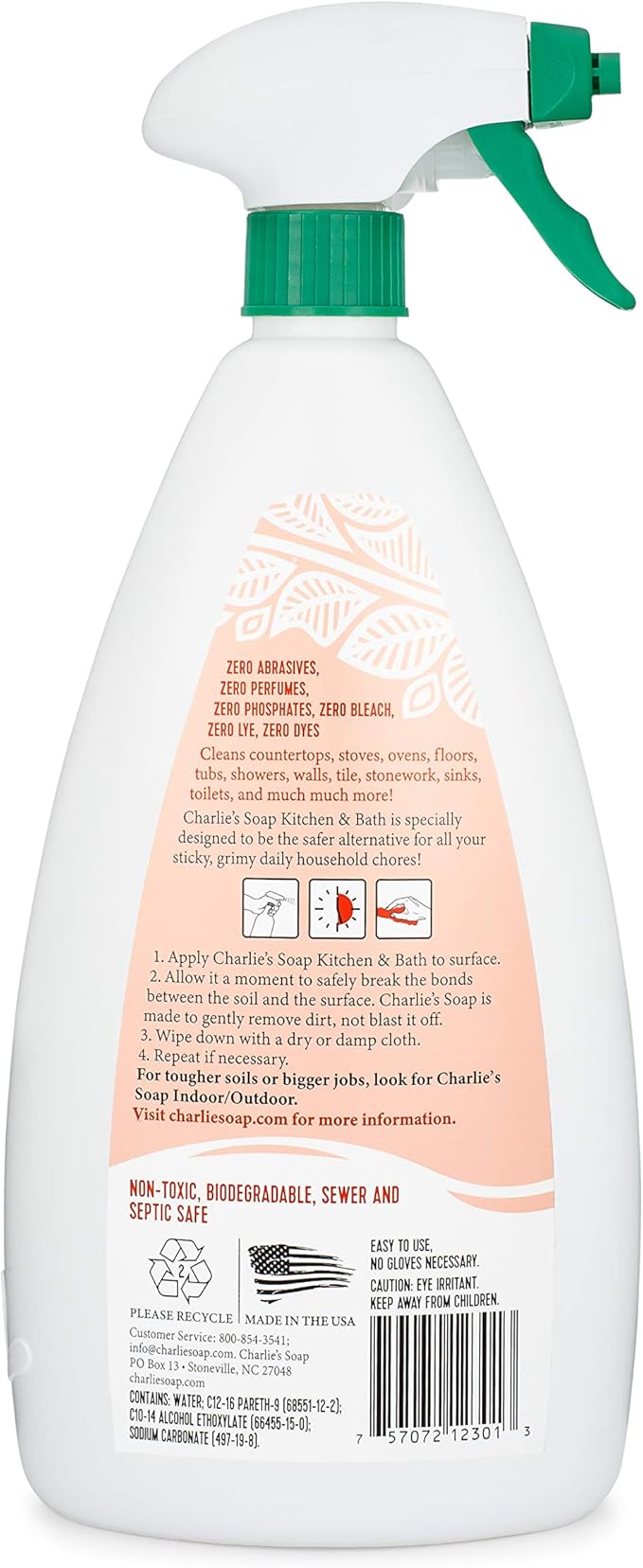 Charlie's Soap Kitchen & Bath Household Cleaner Spray (32 Fl. Oz., 2 Pack) Natural Kitchen and Bathroom Multi-Surface Cleaner – Non-Toxic and Biodegradable